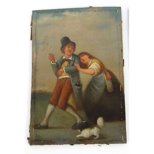 67 - SB- Two Victorian oil onto mahogany panel paintings of a merry lady and gentleman with dog, H. Alden... 