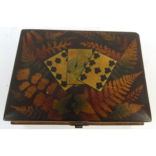 55 - Victorian fern work wooden card box with a selection of playing cards, 15cm diameter
