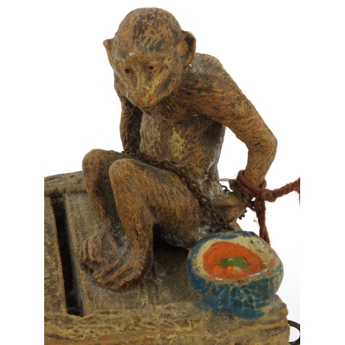 572 - Novelty interest monkey on a teachest moneybox, 13cm high