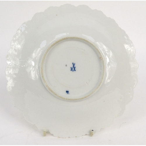 729 - Meissen porcelain plate hand painted with flowers, cross swords mark and impressed 62 to base, 23cm ... 