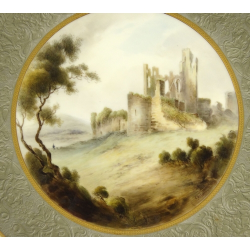 680 - Royal Worcester porcelain plate hand painted with a Caerphilly castle scene by Johnson, impressed ma... 