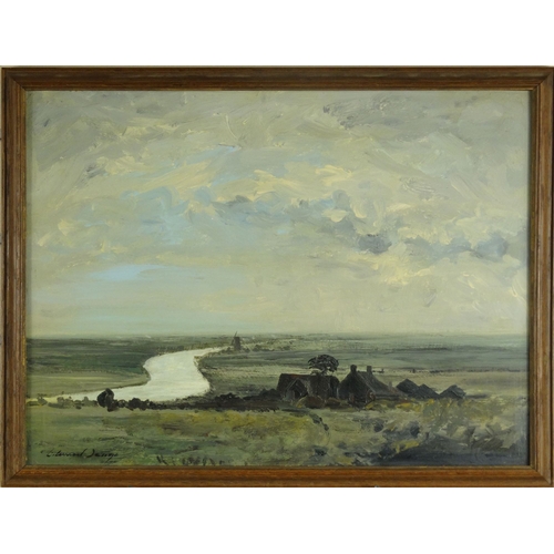 1121 - Oil onto board Marshland river and mill signed Edward Seago, contemporary mounted in an oak frame, 4... 