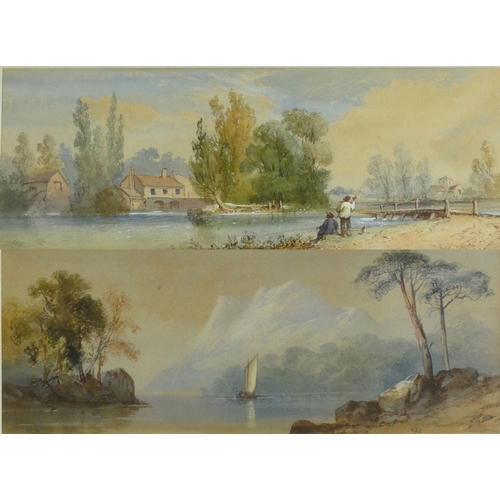 1215 - OBC - Pair of Victorian framed watercolours of fishermen by a stream and mountain and lake, mounted ... 