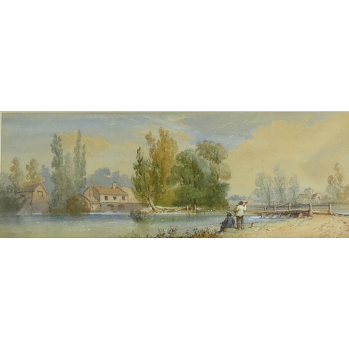 1215 - OBC - Pair of Victorian framed watercolours of fishermen by a stream and mountain and lake, mounted ... 