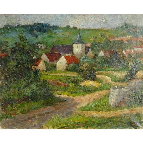 1209 - W. Neuhof Kanne - Unframed abstract oil onto canvas of a church and village, 50cm x 40cm