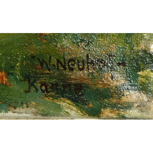 1209 - W. Neuhof Kanne - Unframed abstract oil onto canvas of a church and village, 50cm x 40cm