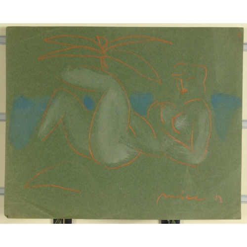 1247 - Pastel onto paper sketch of a nude female on a beach, bearing a signature Nice 29, 24cm x 30cm