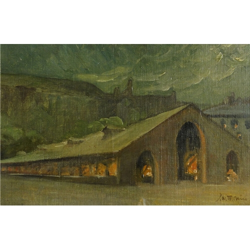 1244 - Oil onto canvas laid onto board view of a factory at night, bearing a signature J.W. Monice, 32cm x ... 