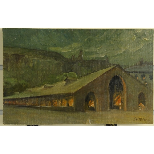 1244 - Oil onto canvas laid onto board view of a factory at night, bearing a signature J.W. Monice, 32cm x ... 