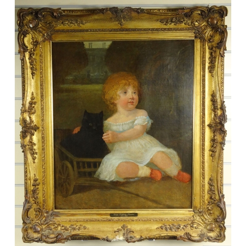 1126 - George Letherbridge Saunders - Oil onto canvas of a young girl with a kitten in a cart, inscription ... 