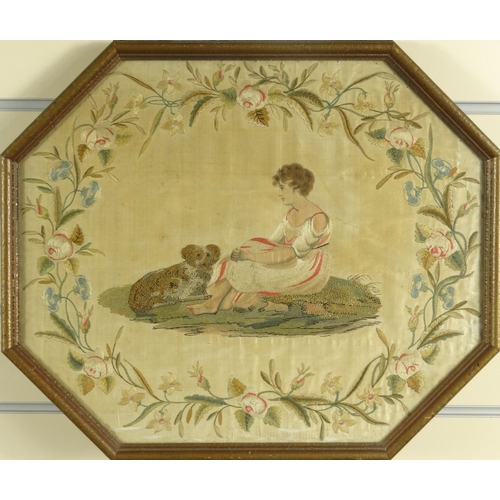 76 - Early Victorian silkwork panel of a young girl with a dog, Andrew Duthi Ltd label to back, 46cm diam... 