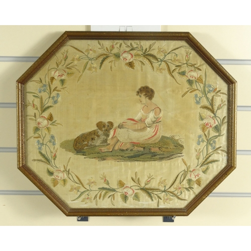 76 - Early Victorian silkwork panel of a young girl with a dog, Andrew Duthi Ltd label to back, 46cm diam... 