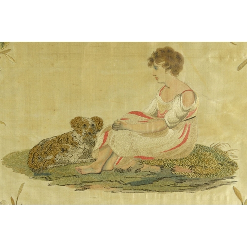 76 - Early Victorian silkwork panel of a young girl with a dog, Andrew Duthi Ltd label to back, 46cm diam... 