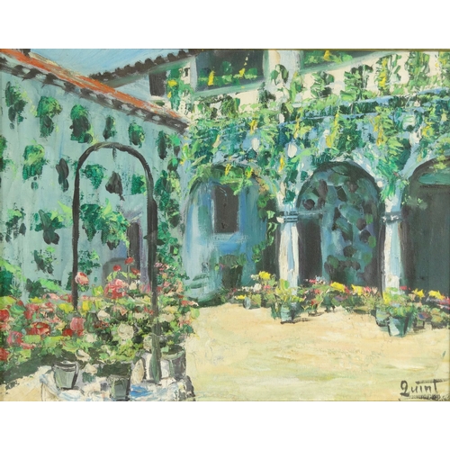 1228 - Quint - Oil onto canvas of a Mediterranean courtyard, in a brightly coloured wooden frame, 34cm x 26... 