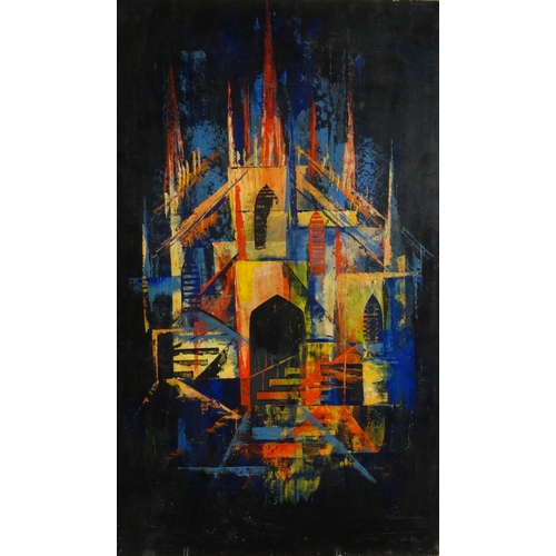 1250 - Oil onto board abstract composition of a cathedral, bearing a signature H.N. Ellyoks?, 65cm x 39cm