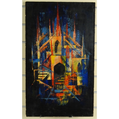 1250 - Oil onto board abstract composition of a cathedral, bearing a signature H.N. Ellyoks?, 65cm x 39cm