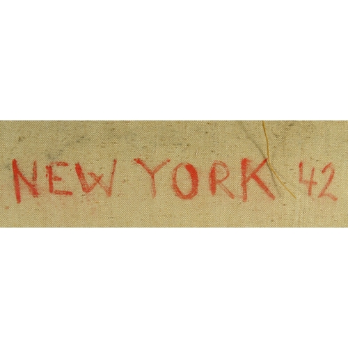 1236 - Oil onto canvas laid onto canvas abstract composition view of New York, inscription to the reverse '... 