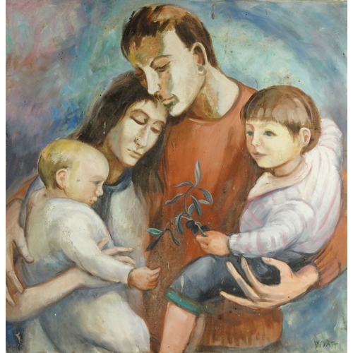 1204 - Wyatt - Unframed oil onto canvas view of a mother and father and two young children, 75cm square exc... 