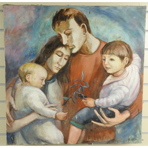 1204 - Wyatt - Unframed oil onto canvas view of a mother and father and two young children, 75cm square exc... 