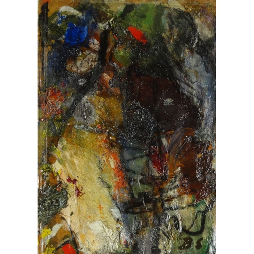 1241 - Oil onto cardboard abstract composition, bearing a monogram BS, 29cm x 21cm