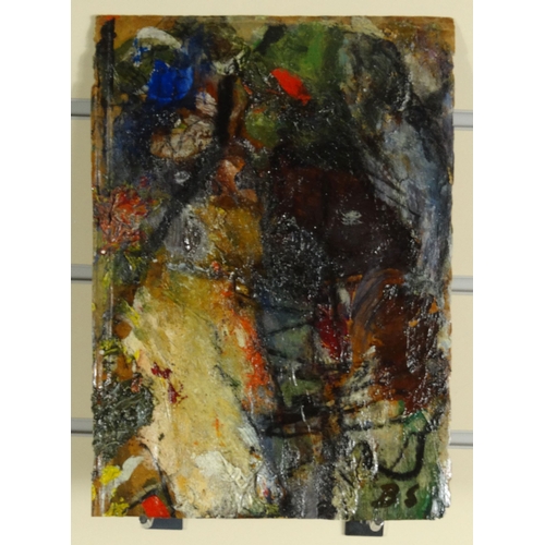 1241 - Oil onto cardboard abstract composition, bearing a monogram BS, 29cm x 21cm