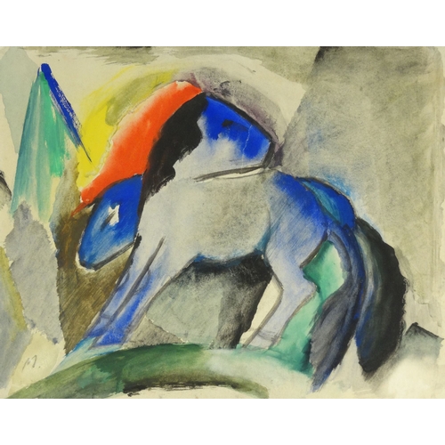 1242 - Watercolour onto paper abstract composition of two horses, bearing a monogram M, 28cm x 22cm