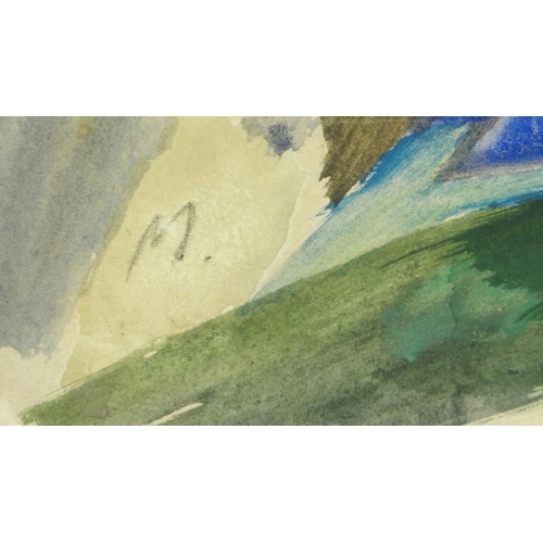 1242 - Watercolour onto paper abstract composition of two horses, bearing a monogram M, 28cm x 22cm