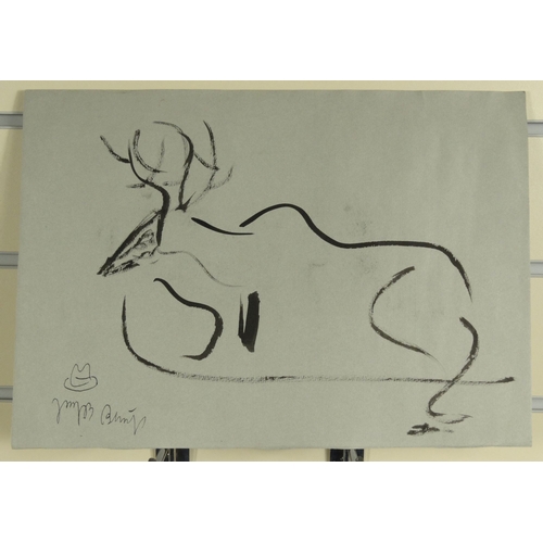 1248 - **Amended Description 3/3**Ink and watercolour onto paper sketch of a deer, bearing an indistinct si... 