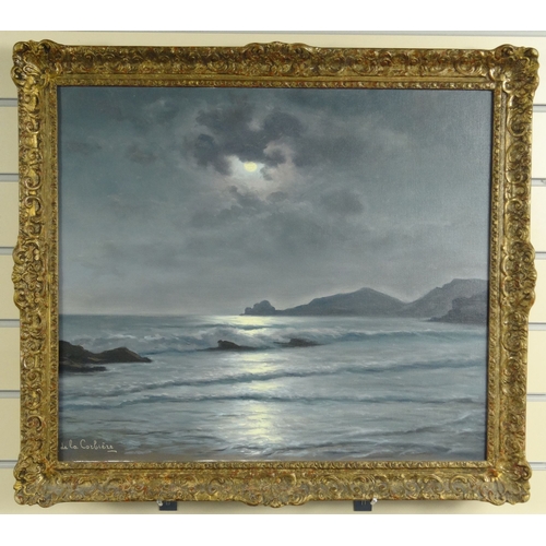 1216 - L. de la Corbière - Oil onto canvas of moonlit water, E. Stacy Marks label to back, contemporary mou... 