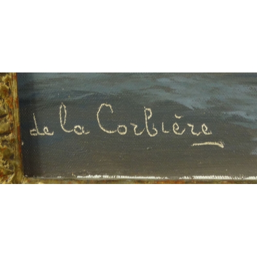 1216 - L. de la Corbière - Oil onto canvas of moonlit water, E. Stacy Marks label to back, contemporary mou... 