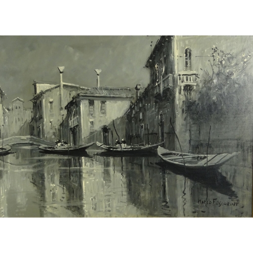 1199 - Marco Foscarini - A Study in Grey - Oil onto canvas of a Venetian canal scene, contemporary mounted ... 