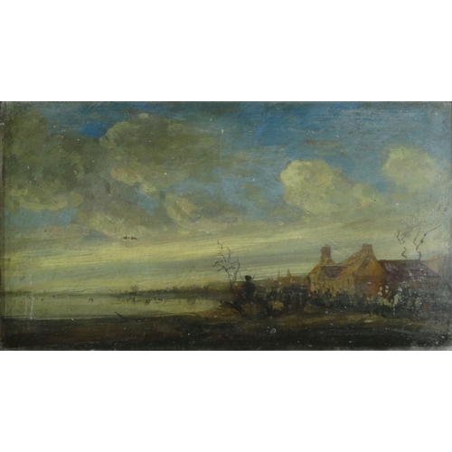1231 - Naïve oil onto panel of a gathering beside a lake and house, mounted in a gilt frame, 39cm x 21cm ex... 