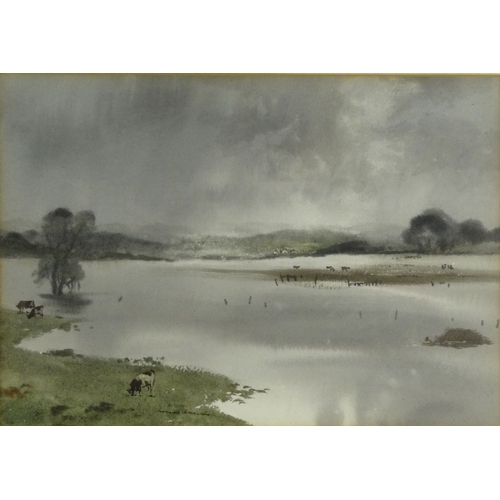 1224 - Thomas Liverton - Watercolour of flooded levels, countryside with cattle, contemporary mounted and f... 