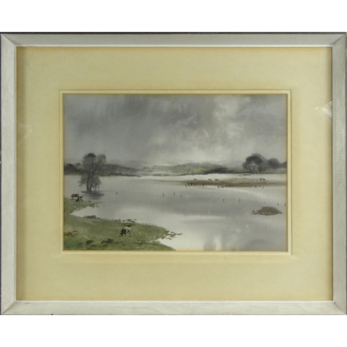 1224 - Thomas Liverton - Watercolour of flooded levels, countryside with cattle, contemporary mounted and f... 