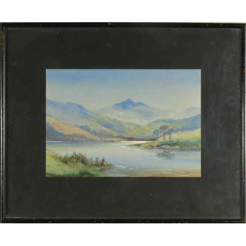 1235 - E.J Maybery - Watercolour of mountains and river, in a contemporary black frame, 28cm x 19cm excludi... 