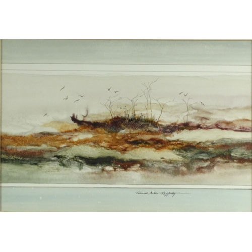1193 - Joanna Miller-Rafferty - American artist watercolour of a sparse landscape with birds, mounted and f... 