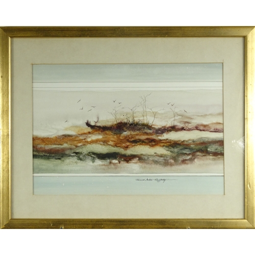1193 - Joanna Miller-Rafferty - American artist watercolour of a sparse landscape with birds, mounted and f... 