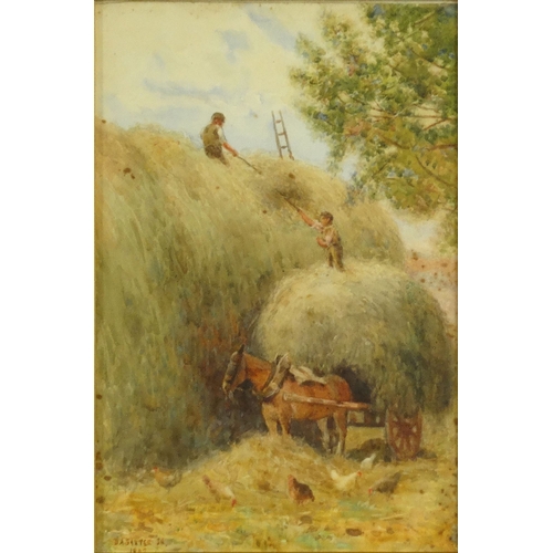 1221 - D.A. Baxter Jr 1882 - Watercolour of haymaking with chickens, mounted and framed, 30cm x 20cm exclud... 