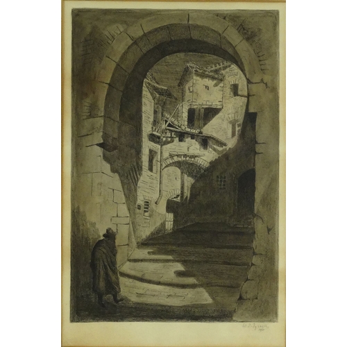 1208 - W.J. Tyrell 1923 - Black and white etching of a Continental archway and street with gentlemen, mount... 