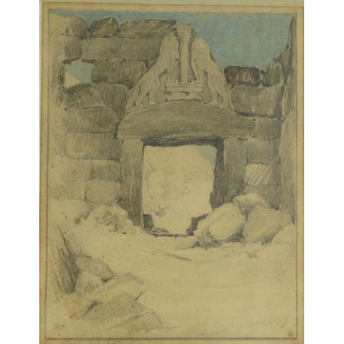 1214 - Lady Williams pencil and watercolour Lion Gate, Myceane dated 1894, mounted and framed, 30cm x 22cm ... 