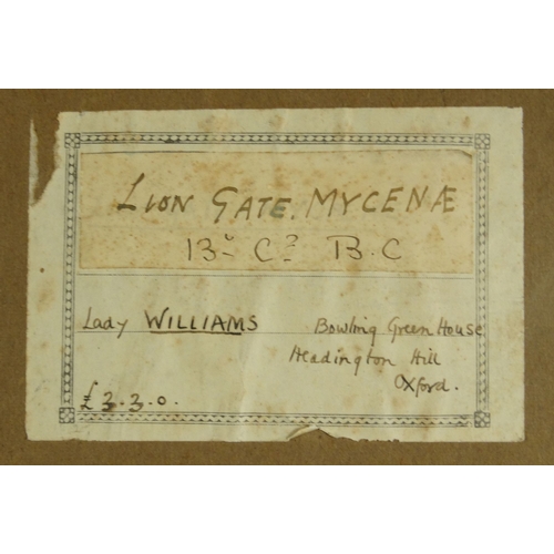 1214 - Lady Williams pencil and watercolour Lion Gate, Myceane dated 1894, mounted and framed, 30cm x 22cm ... 