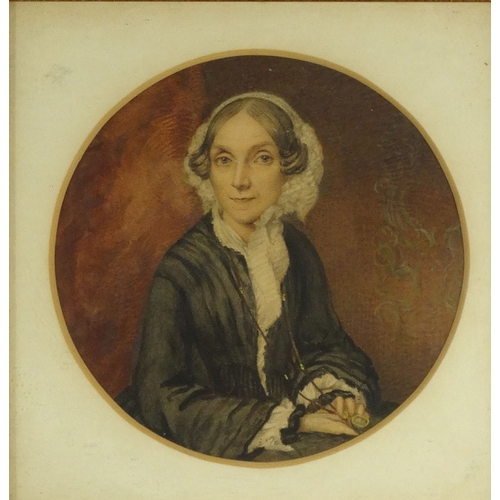 1225 - Watercolour portrait of a Victorian lady, mounted in a gilt frame, 18cm diameter excluding the frame