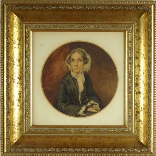 1225 - Watercolour portrait of a Victorian lady, mounted in a gilt frame, 18cm diameter excluding the frame