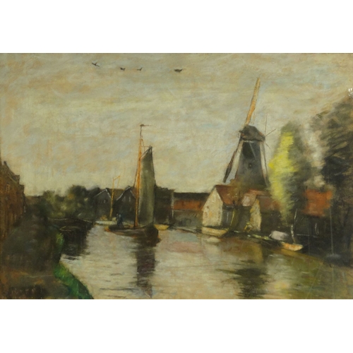 1217 - L. Ury - Pastel of a Dutch canal, in a wooden frame, 66cm x 38cm excluding the frame