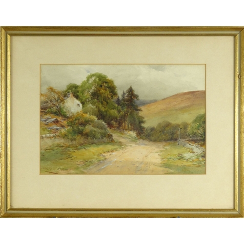 1229 - Harry Sticks - Watercolour of a cottage down a lane, mounted and framed, 27cm x 18cm excluding the m... 