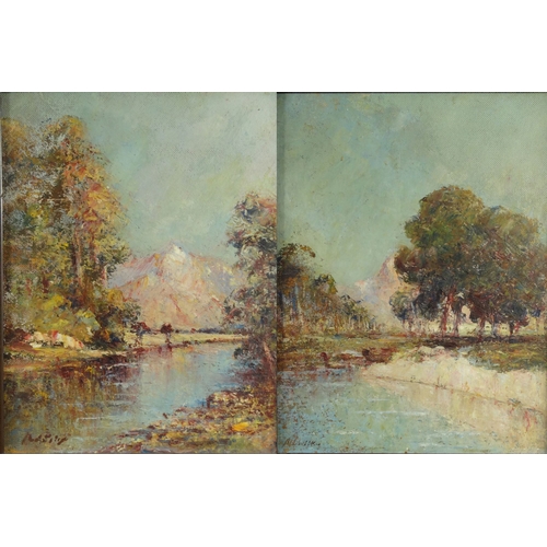 1196 - Pair of Russian School oil onto board views of a woodland, stream and mountains, bearing a signature... 