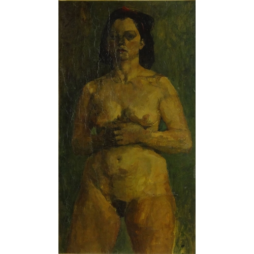 1197 - Unsigned oil onto board view of a nude lady standing, contemporary framed, 67cm x 37cm excluding the... 