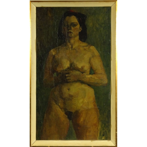 1197 - Unsigned oil onto board view of a nude lady standing, contemporary framed, 67cm x 37cm excluding the... 