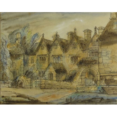 1202 - Pastel and watercolour onto paper of a country house, bearing a monogram JP, mounted and framed, 48c... 