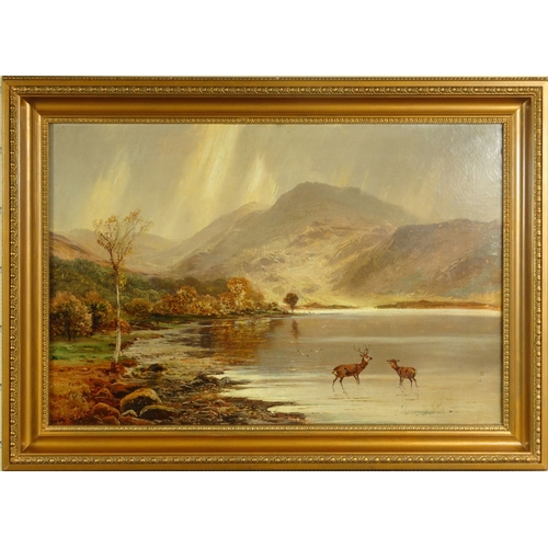 1200 - Clarence Roe - Oil onto canvas view of a lake with deer before mountains, gilt framed, 75cm x 49cm e... 